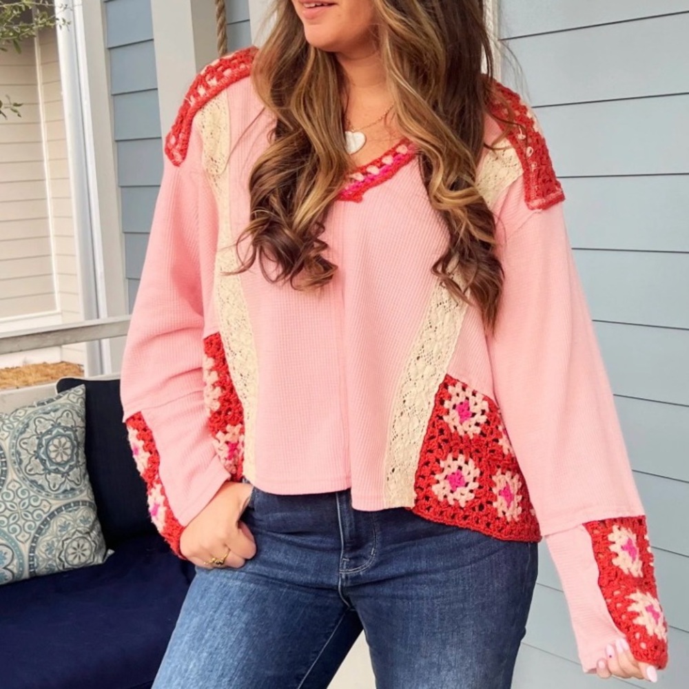 POL Pink and Red Crochet-Trim Boxy Sweatshirt